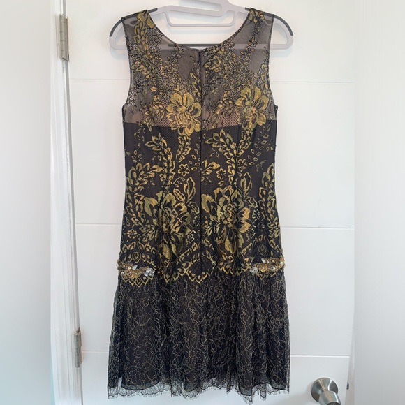 Marchesa Notte Metallic dropwaist lace gold black mini short dress 6 - Picture 4 of 5
